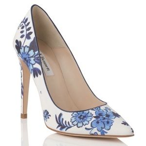 LK Bennett Flora Point Toe Heels Blue Ivory Floral Pumps Size 8.5 / EUR 38.5
